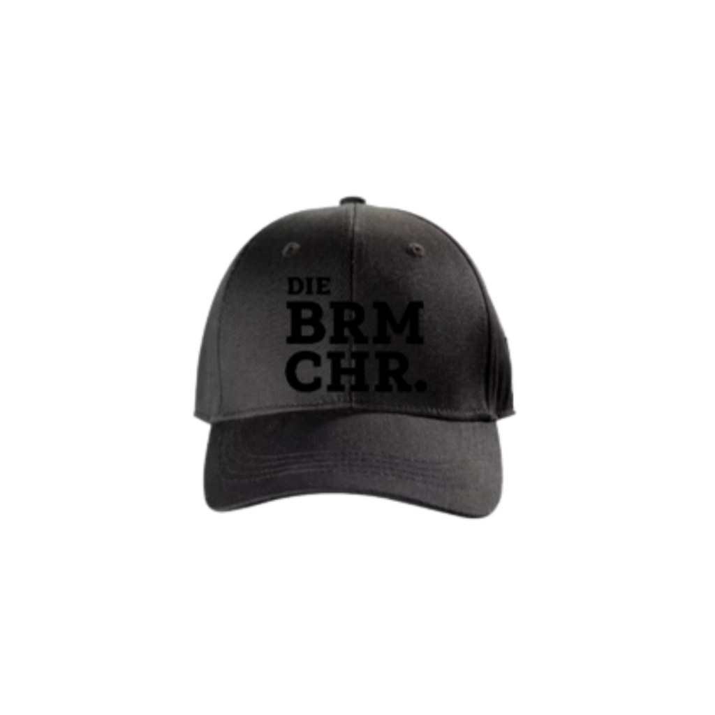 Abbildung schwarze Basecap mit 3D-Stick in schwarz "DIE BRMCHR."